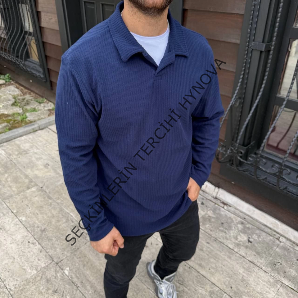 Erkek Fitilli Polar Sweatshirt – Düğmesiz Polo Yaka, Oversize Rahat Kalıp, Kalın Polar Kumaş, Kışlık Ve Baharlık Şık Günlük Üst - Lacivert