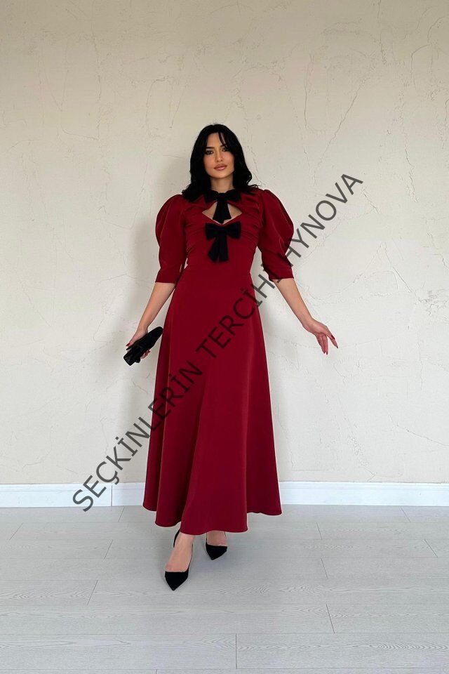 Bordo Ön Dekolteli Fiyonk Garnili Uzun Elbise