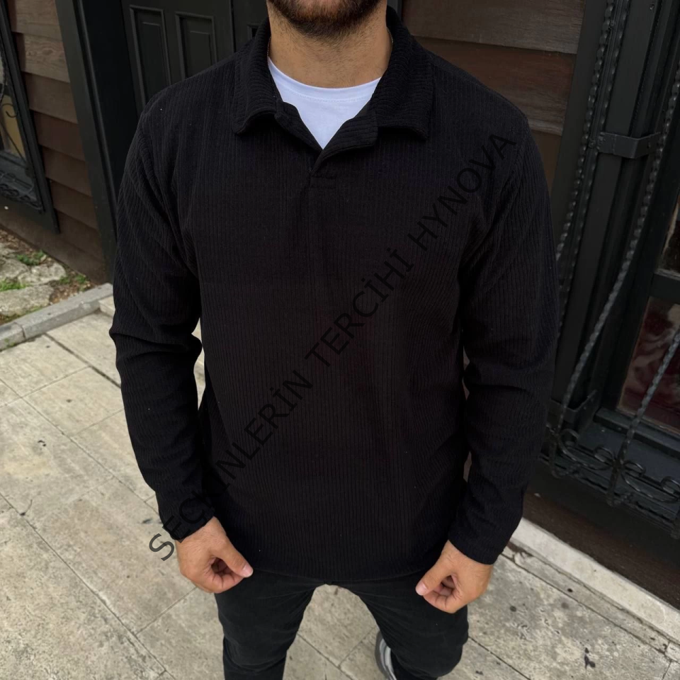 Erkek Fitilli Polar Sweatshirt – Düğmesiz Polo Yaka, Oversize Rahat Kalıp, Kalın Polar Kumaş, Kışlık Ve Baharlık Şık Günlük Üst - Siyah