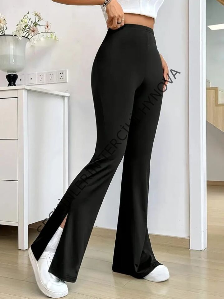 Kadın Yüksek Bel Paçaya Doğru Genişleyen Yandan Yırtmaçlı Dalgıç Pantolon