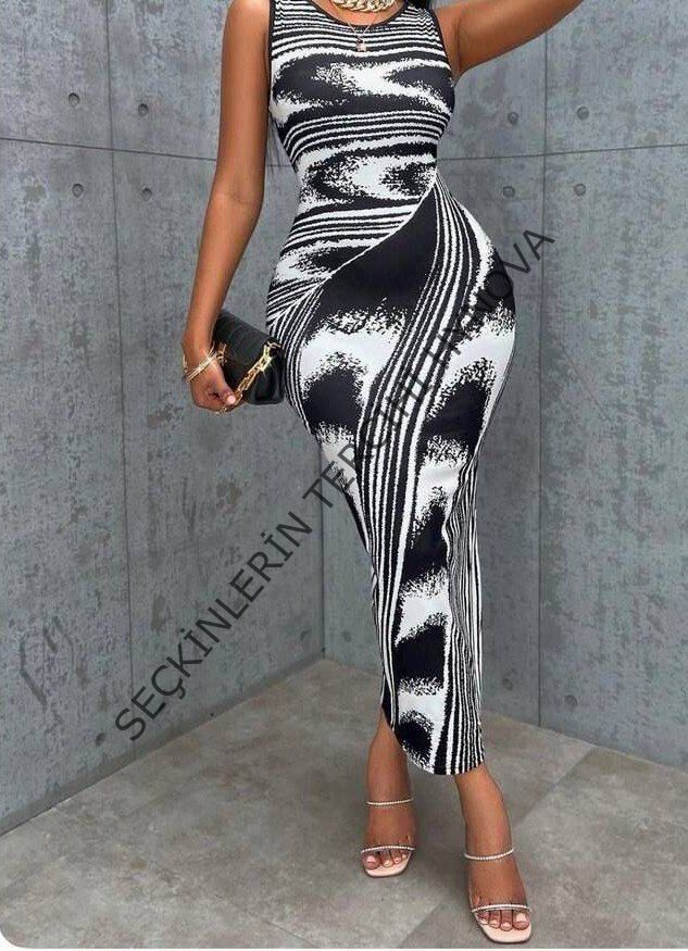 Kadın Dalgıç Kumaş Vücuda Oturan Desenli Kolsuz Midi Boy Elbise