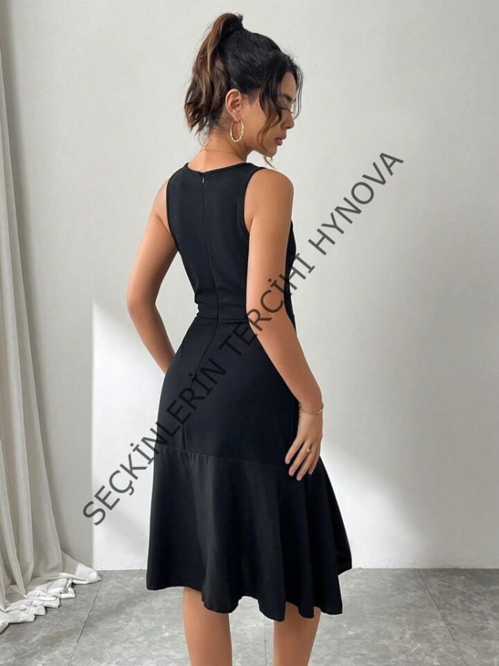 Kadın Askılı Bisiklet Yaka önden Fırfırlı Kısa Ithal Krep Elbise