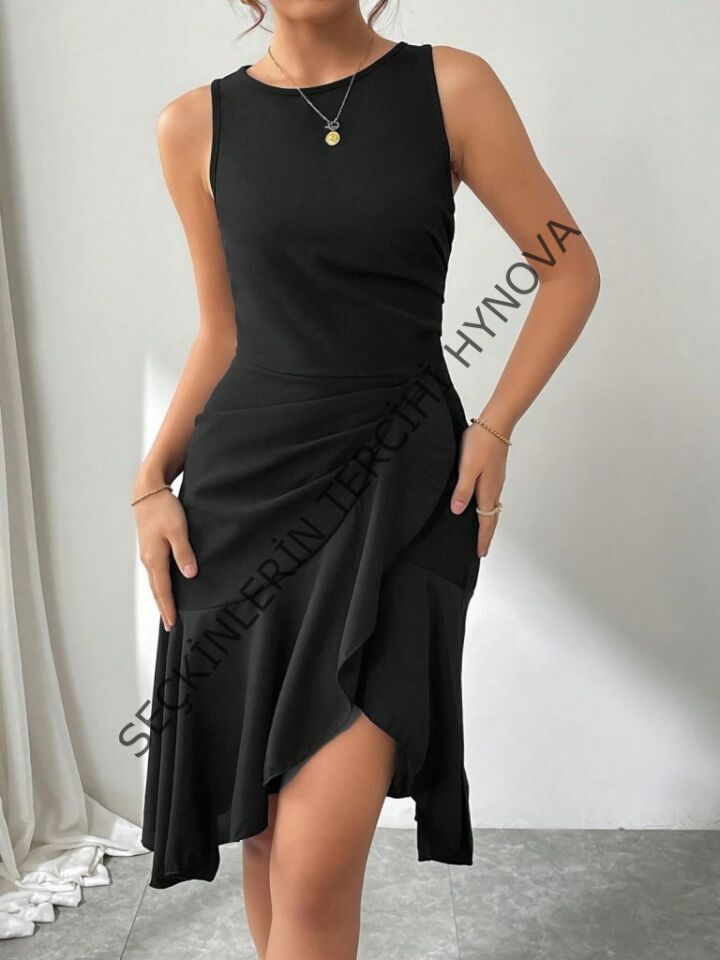 Kadın Askılı Bisiklet Yaka önden Fırfırlı Kısa Ithal Krep Elbise