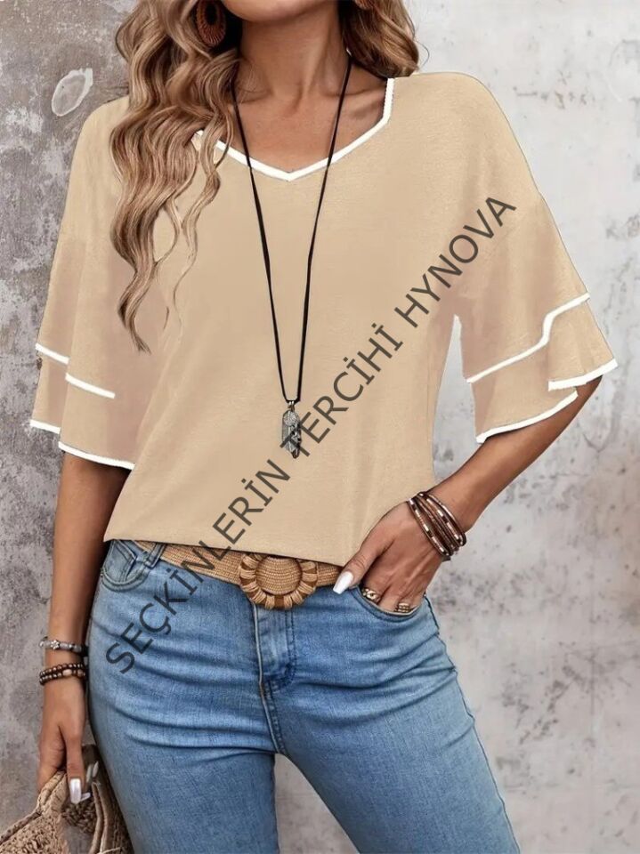 Kadın Kısa Kollu V Yakalı Viskon Bluz