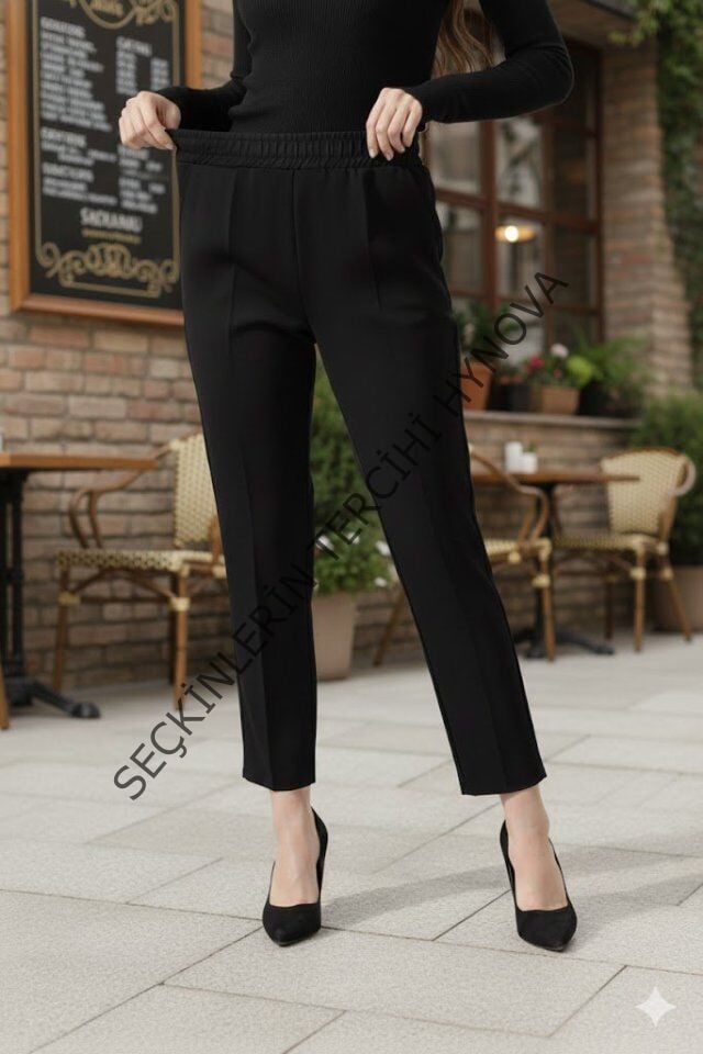 Kadın Uzun Kollu Dalıç Kumaş Cep Detay Beli Lastikli ütüsüz Pantolon