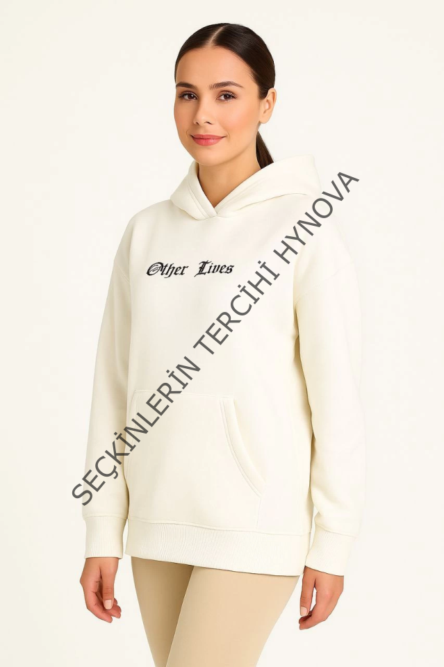 Kapşonlu Sweatshirt – Oversize Üç İplik Şardonlu Hoodie, “Other Lives” Ön - Arka Baskılı, Kanguru Cepli, Kışlık Rahat Günlük Stil - Beyaz