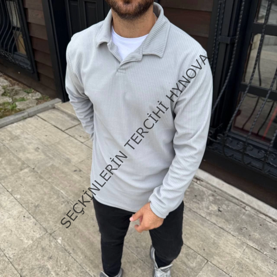 Erkek Fitilli Polar Sweatshirt – Düğmesiz Polo Yaka, Oversize Rahat Kalıp, Kalın Polar Kumaş, Kışlık Ve Baharlık Şık Günlük Üst - Gri