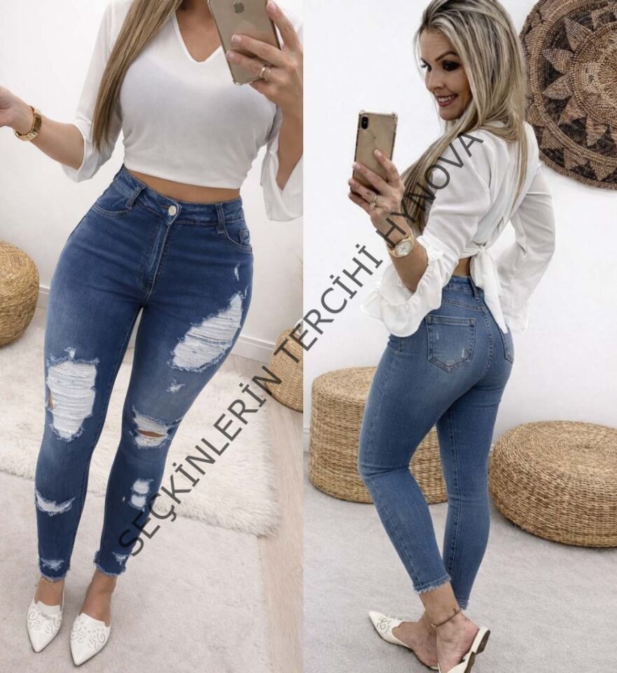 Kadın Yüksek Bel Düğmeli Yırtık Kot Pantolon