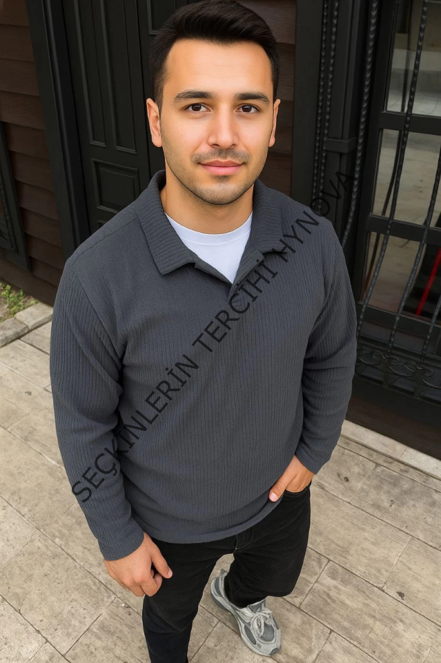 Erkek Fitilli Polar Sweatshirt – Düğmesiz Polo Yaka, Oversize Rahat Kalıp, Kalın Polar Kumaş, Kışlık Ve Baharlık Şık Günlük Üst - Füme