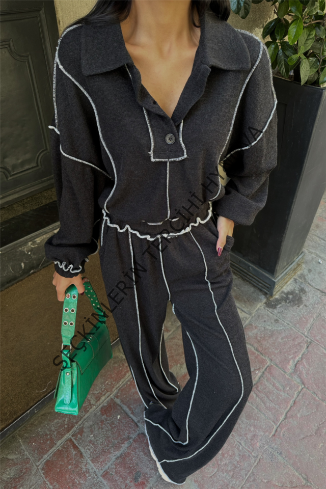 BİYELİ BLUZ PANTOLON TAKIM ŞÖNİL KUMAŞ - Siyah