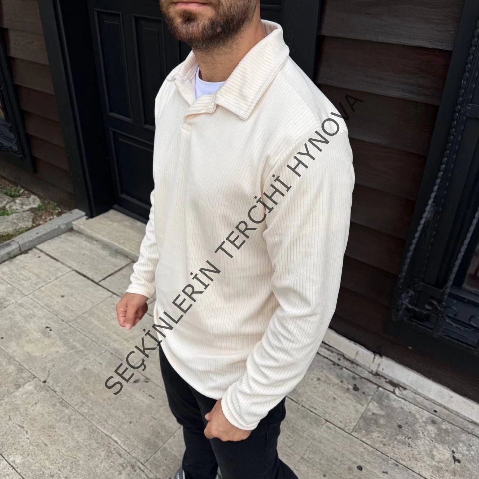 Erkek Fitilli Polar Sweatshirt – Düğmesiz Polo Yaka, Oversize Rahat Kalıp, Kalın Polar Kumaş, Kışlık Ve Baharlık Şık Günlük Üst - Beyaz