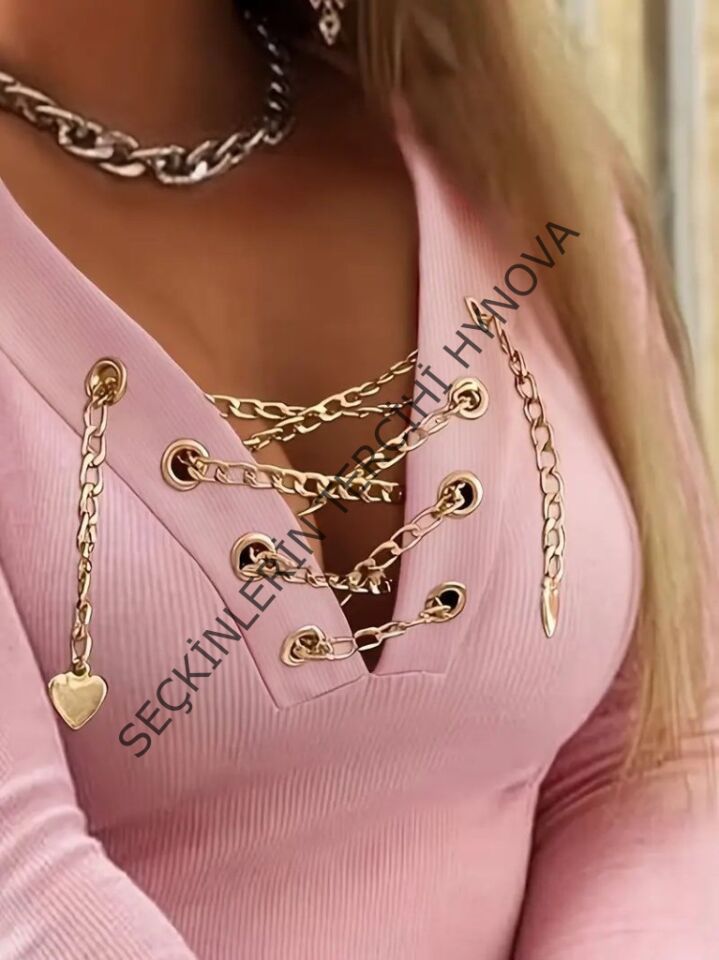 Kadın Uzun Kollu V çapraz Zincir Detaylı Kaşkorse Bluz