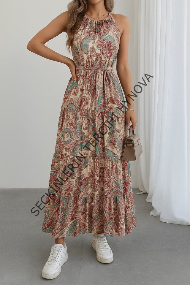 Kadın Halter Yakalı Omuzlardan Açık Kuşaklı Maksi Boy Desenli Süprem Elbise