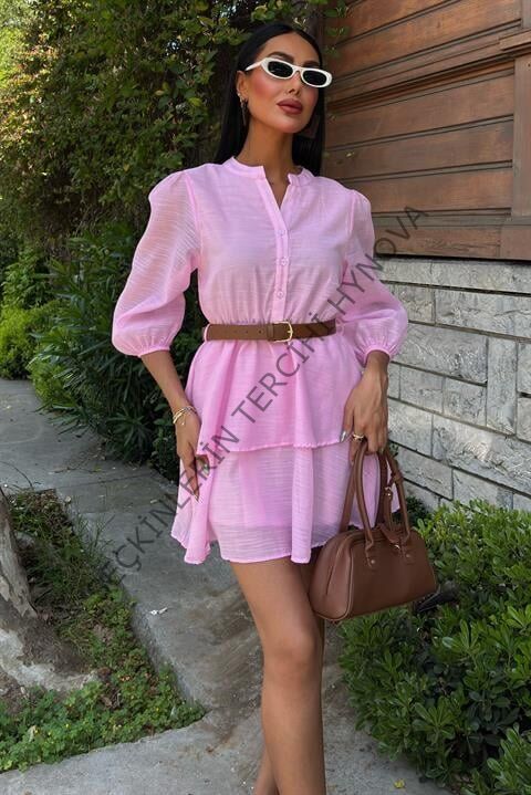 Deri Kemerli Fırfırlı Elbise 2901