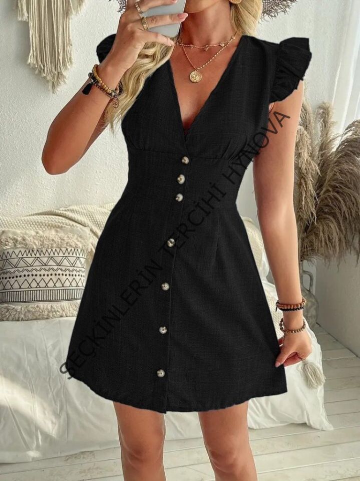 Kadın Fırfır Kollu V Yakalı Düğmeli Keten Elbise