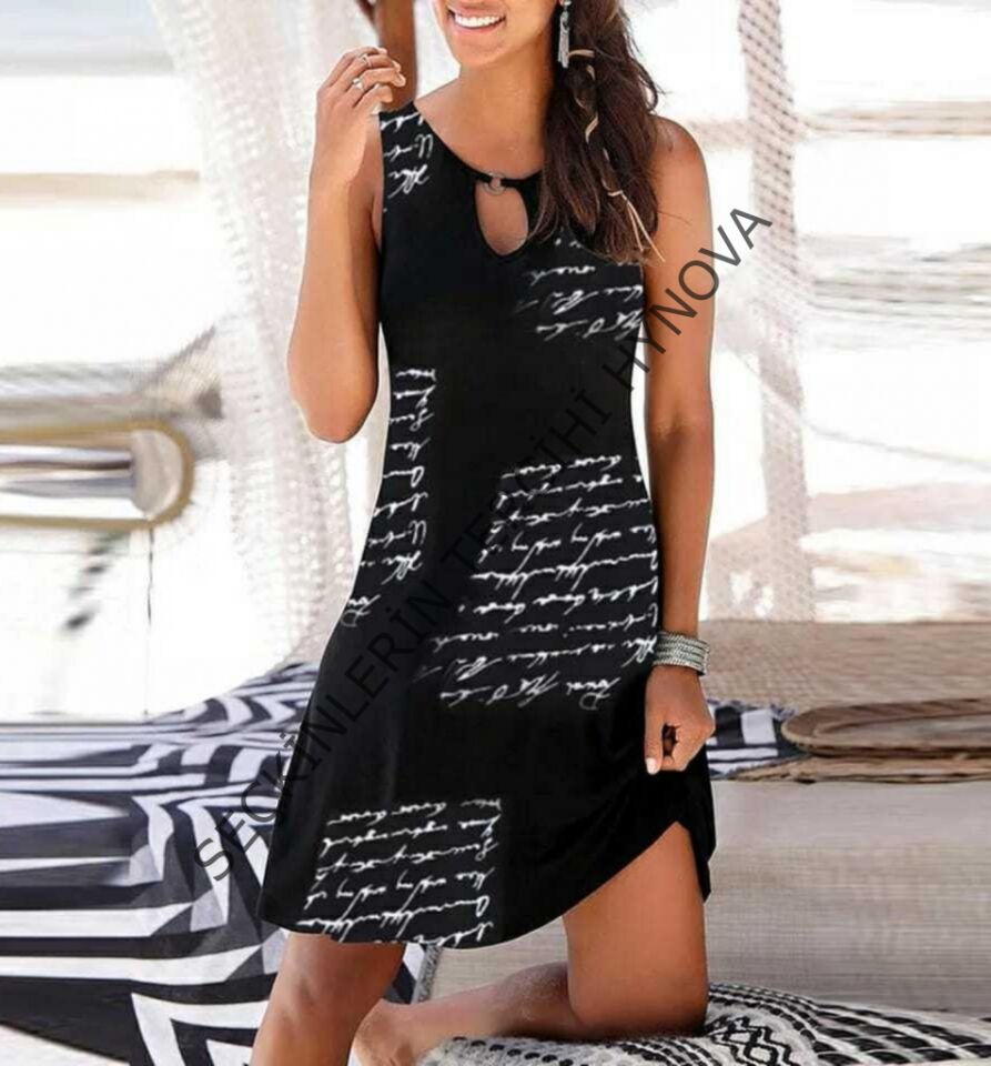 Kadın Kolsuz Halka Detay Mektup Desenli Mikro Elbise