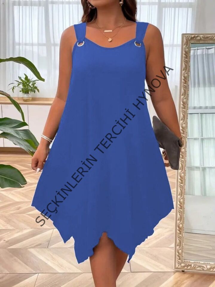 Kadın Askılı Yuvarlak Yaka Kuş Gözü Detaylı Asimetrik Viskon Elbise
