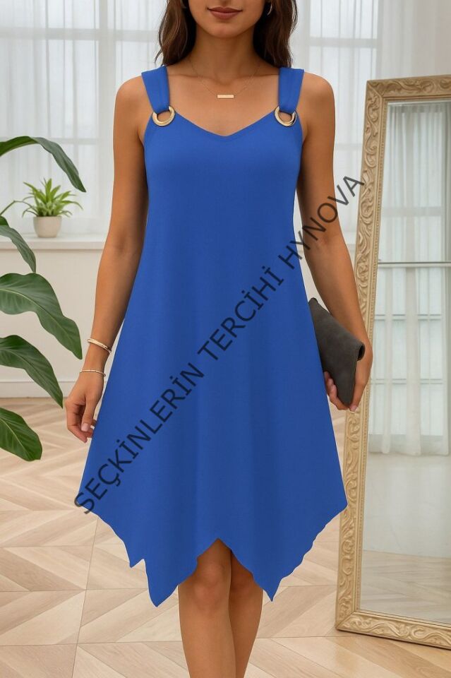 Kadın Askılı Yuvarlak Yaka Kuş Gözü Detaylı Asimetrik Viskon Elbise