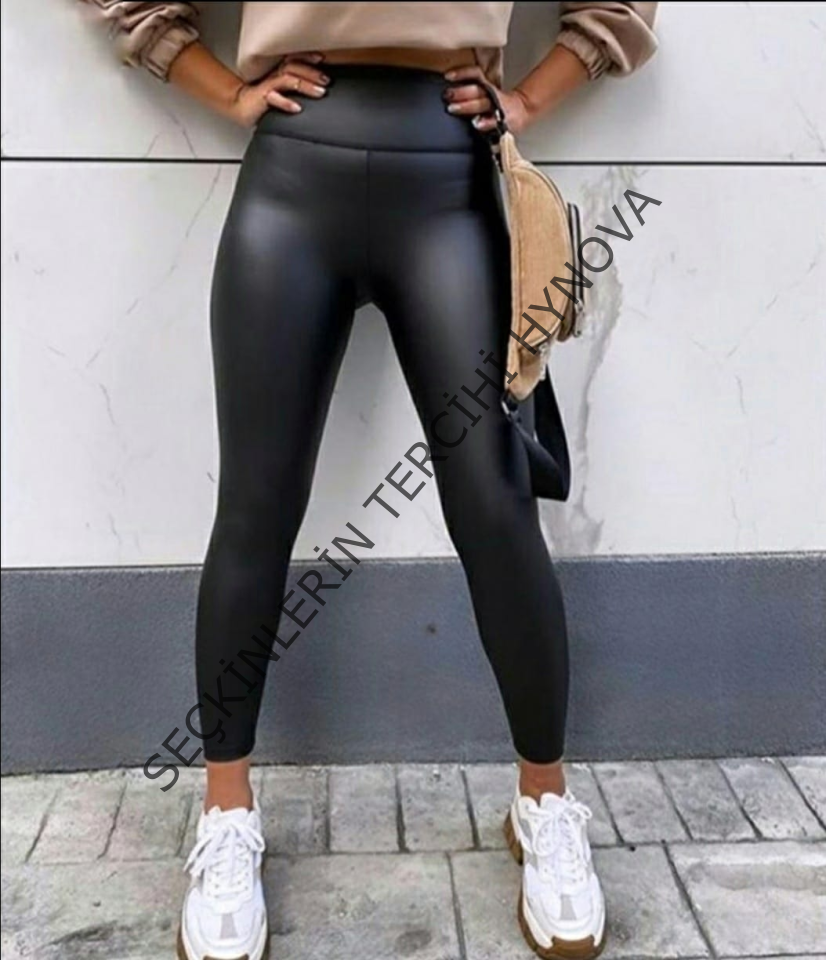 Yüksek Bel Toparlayıcı İçi Şardonlu Deri Tayt