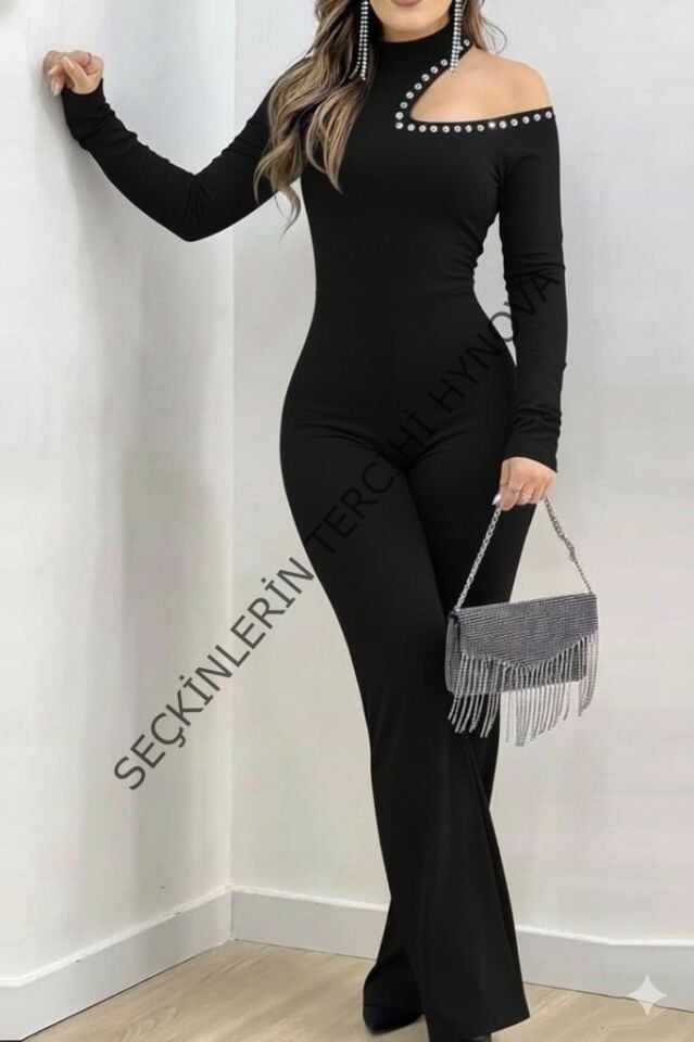 Kadın Tek Omuzdan Açık Balıkçı Yaka Taş Detaylı Uzun Ithal Krep Tulum