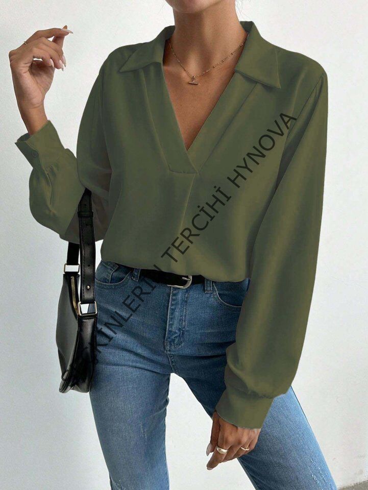 Kadın V Yaka Uzun Kollu Mosskrep Kumaş Bluz