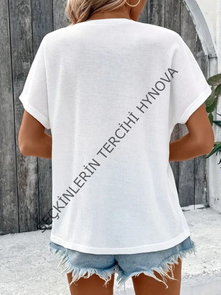 Kadın Kısa Kollu Yakası Açık önden Düğmeli Waffle Bluz