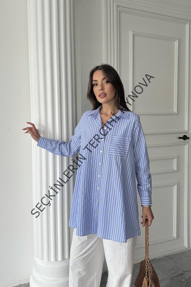 Mavi Çizgili Uzun Gömlek