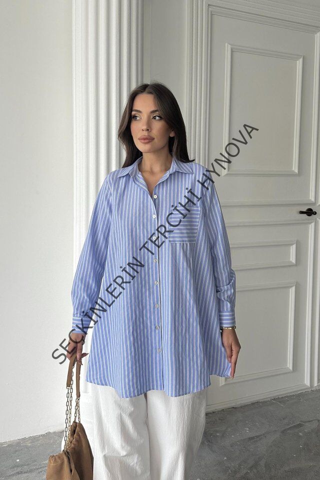 Mavi Çizgili Uzun Gömlek