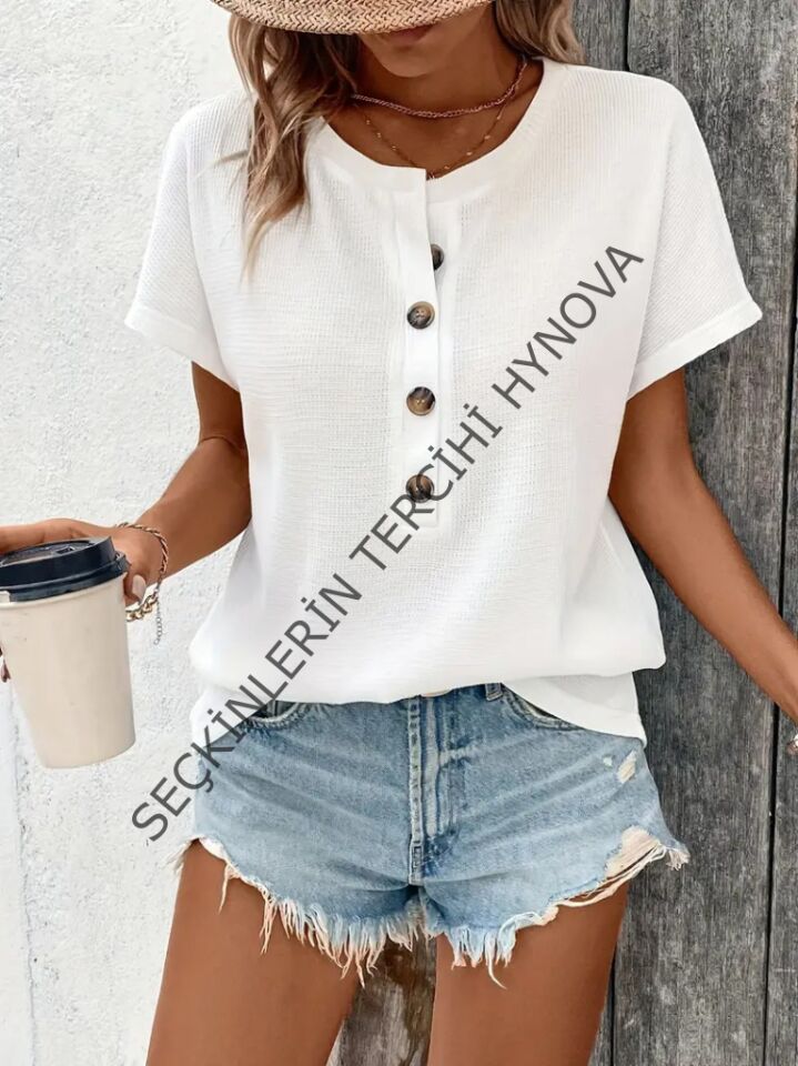 Kadın Kısa Kollu Yakası Açık önden Düğmeli Waffle Bluz