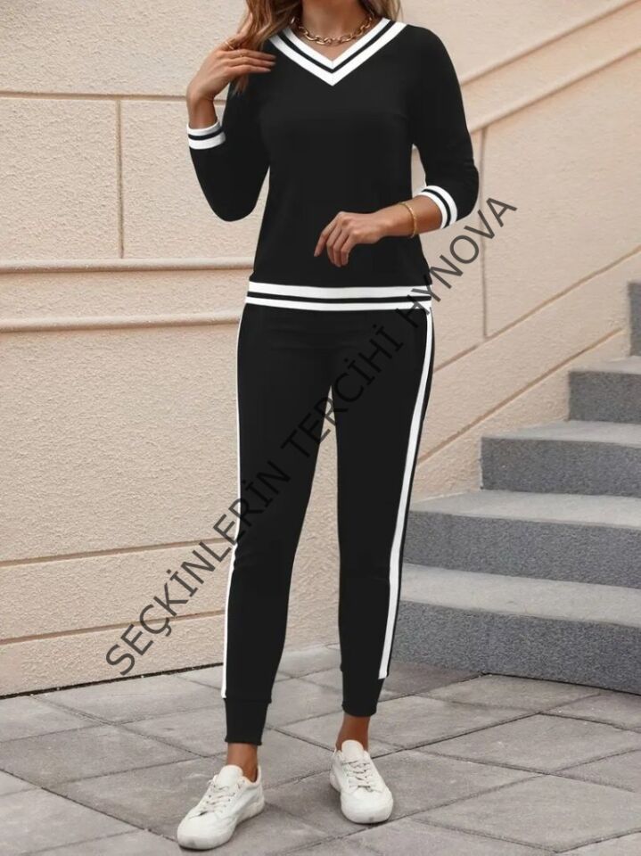 Kadın Uzun Kollu V Yakalı Ribanalı Viskon Iki Iplik Bluz Ve Pantolon Ikili Takım