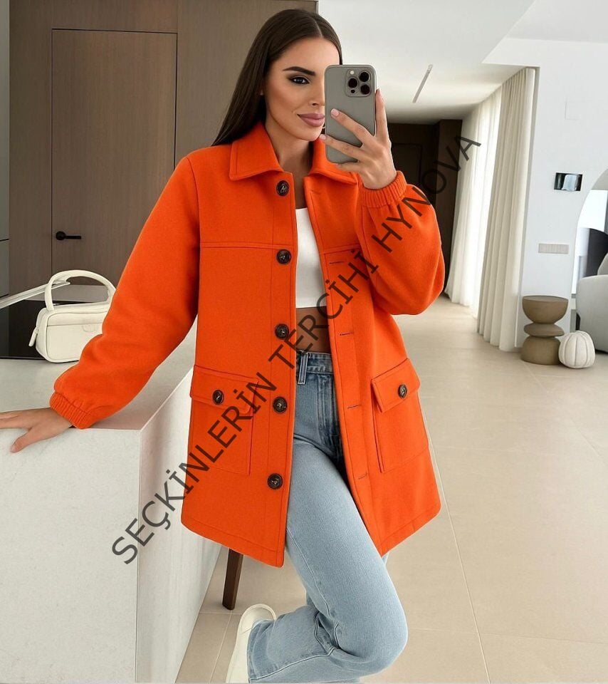 Kadın Bileği Lastikli Cep Ve Leopar Düğme Detay Kaşe Kaban