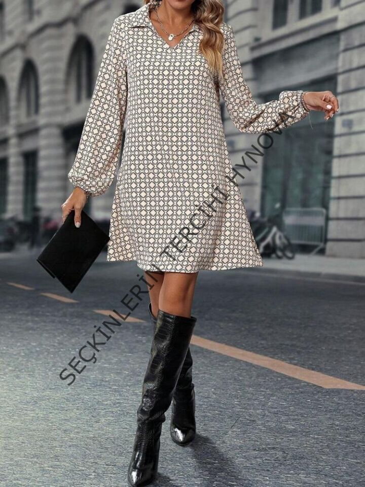 Kadın Uzun Kollu Yakalı Desenli Mini Modal Elbise