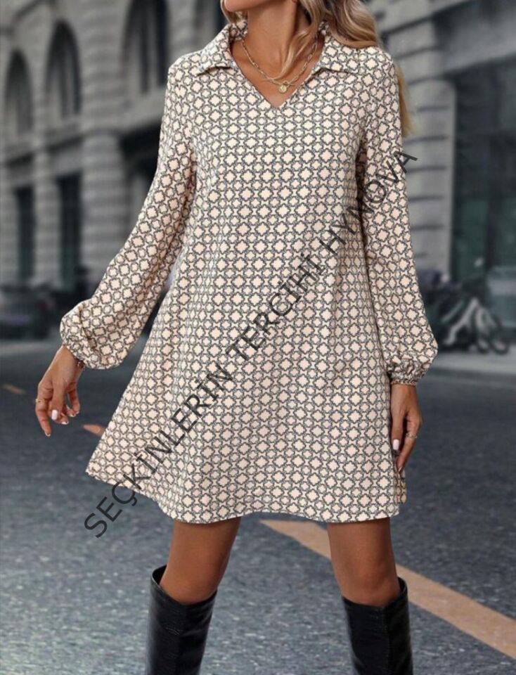 Kadın Uzun Kollu Yakalı Desenli Mini Modal Elbise