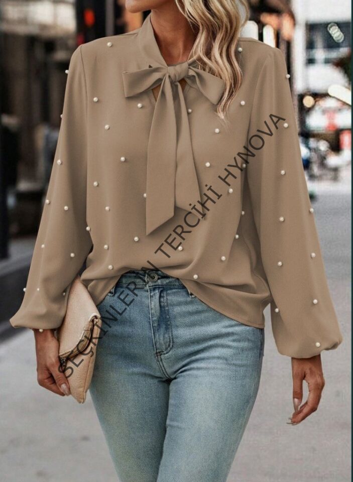 Kadın Uzun Kollu Yakadan Fiyonklu Incili Ithal Krep Bluz