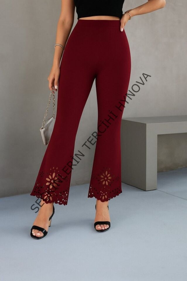 Kadın Yüksek Bel Paçaya Doğru Genişleyen Lazer çiçek Kesim Detaylı Ithal Krep Pantolon