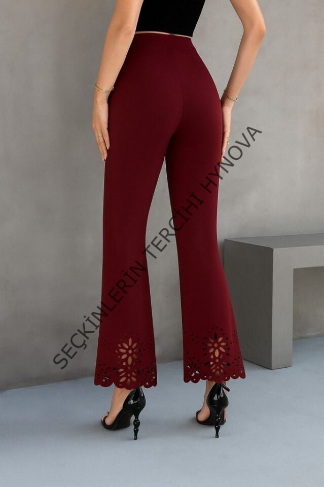 Kadın Yüksek Bel Paçaya Doğru Genişleyen Lazer çiçek Kesim Detaylı Ithal Krep Pantolon
