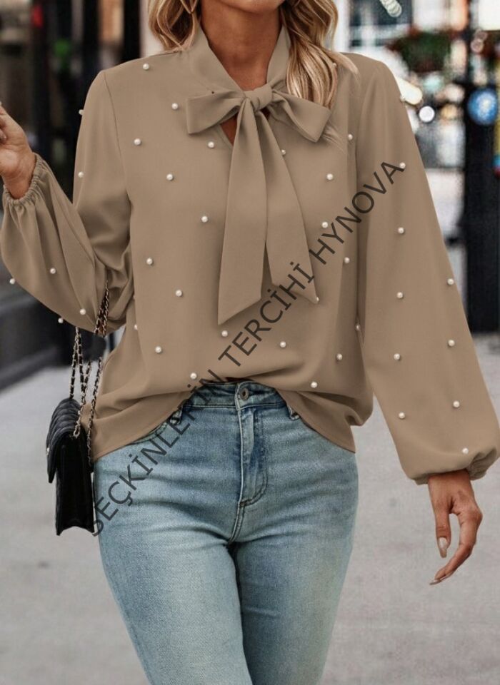 Kadın Uzun Kollu Yakadan Fiyonklu Incili Ithal Krep Bluz