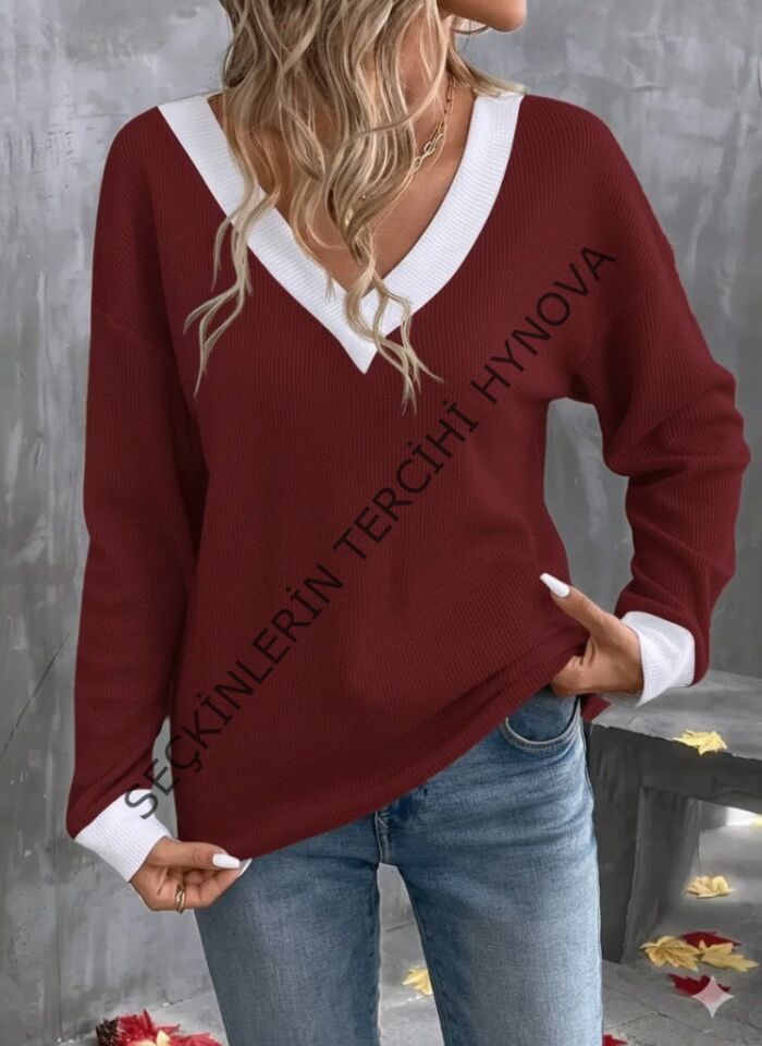 Kadın Uzun Kollu V Yakalı Waffle Bluz