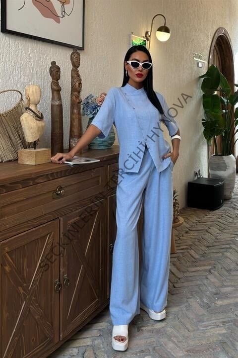 Hakim Yaka Çapraz Düğmeli Plazzo Pantolon Viscon Keten Takım 10091