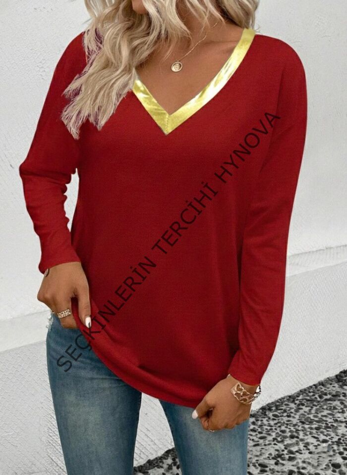 Kadın Uzun Kollu V Parlak Yaka Detaylı Viskon Bluz