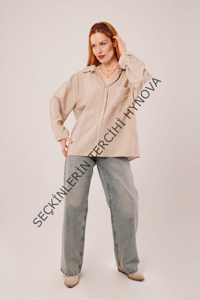 Çizgi Detaylı Cepli Camel Gömlek