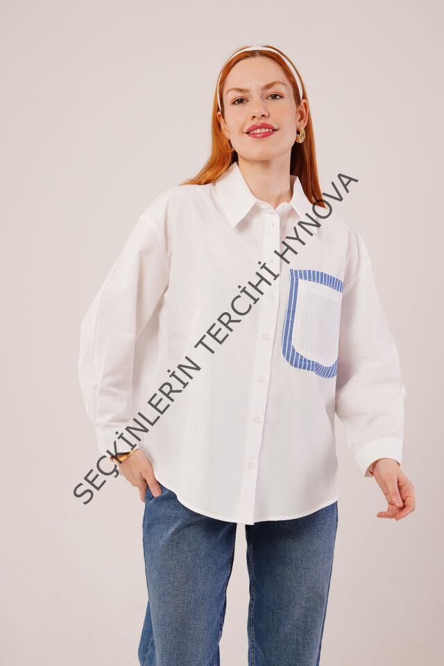 Çizgili Cep Detaylı Beyaz Gömlek