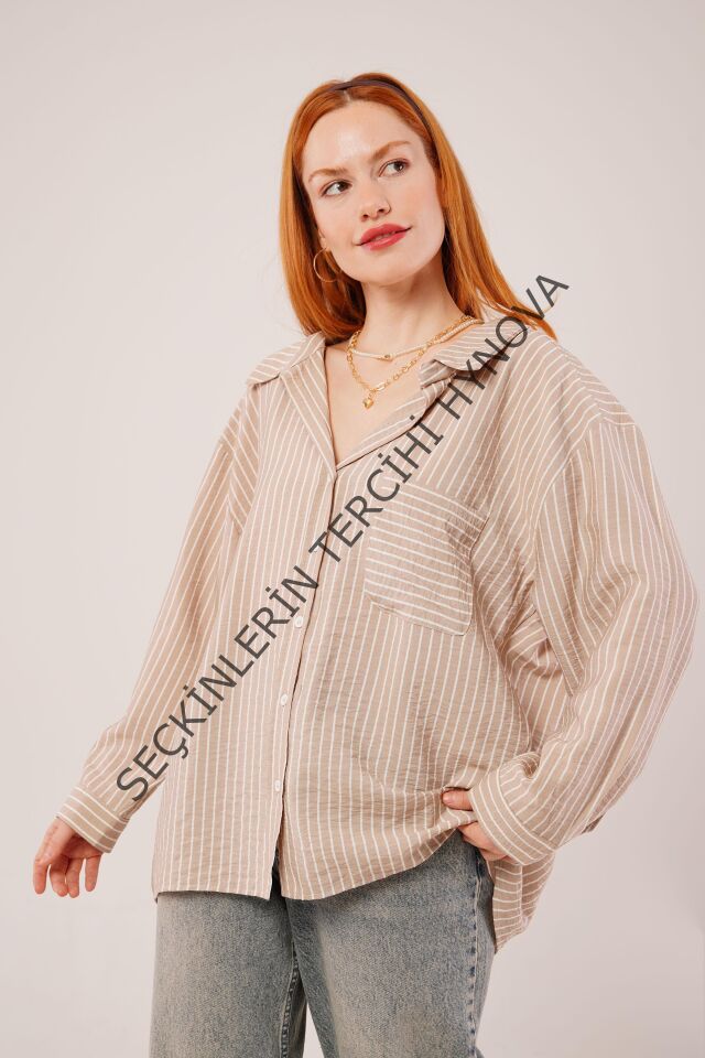 Çizgi Detaylı Cepli Camel Gömlek