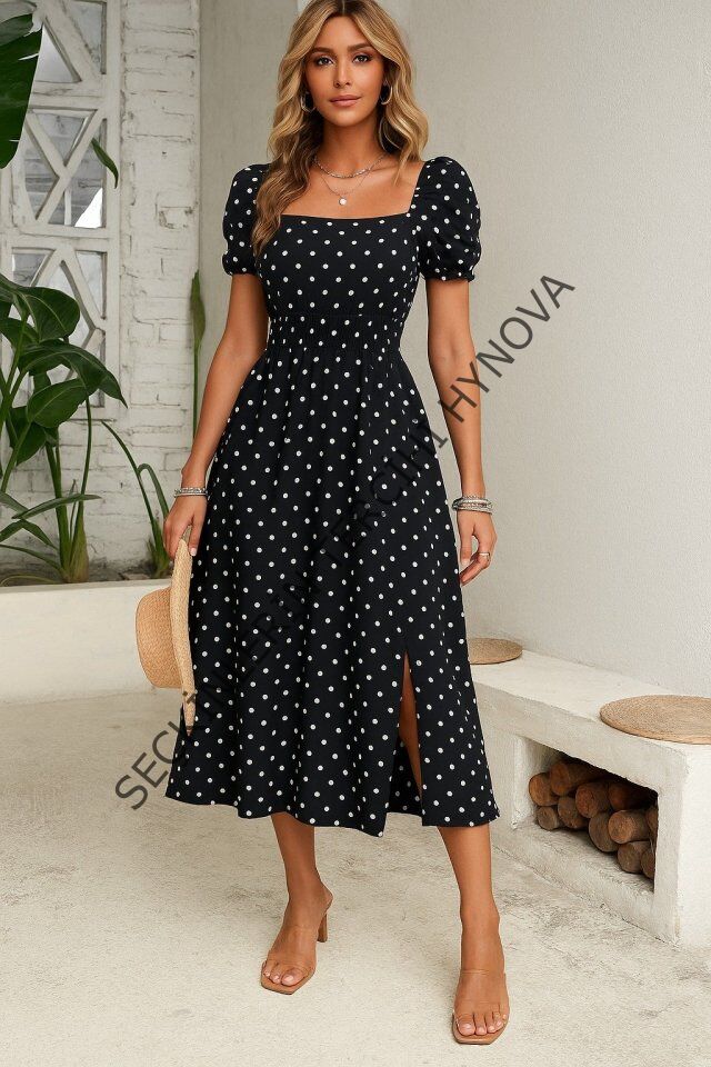 Kadın Kısa Kollu Geometrik Yaka Yırtmaçlı Puantiyeli Midi örme Krep Elbise