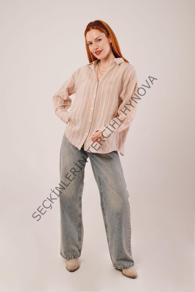 Kol Düğmeli Çizgili Bej Gömlek