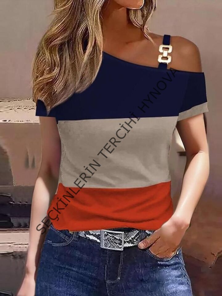 Kadın Kısa Kollu Tek Omuzu Açık Toka Detaylı çok Renkli Viskon Bluz