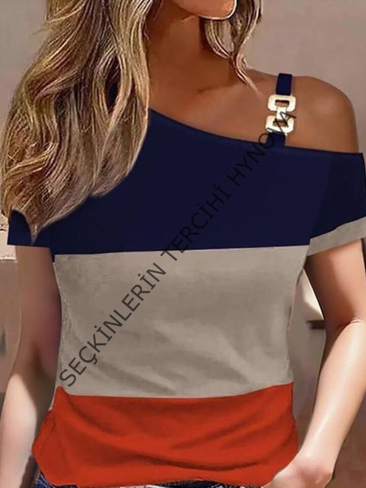 Kadın Kısa Kollu Tek Omuzu Açık Toka Detaylı çok Renkli Viskon Bluz