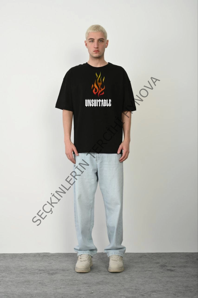 Unisex Bisiklet Yaka Baskılı Oversize T-Shirt - Siyah