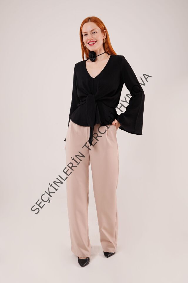 Ön Bağlamalı Volan Kol Siyah Bluz