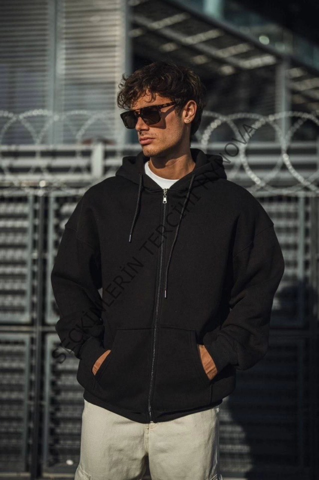 Oversize Tam Fermuarlı Uzun Kol Hırka - Siyah